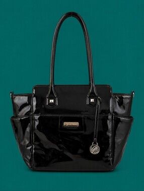GRACE ADELE Black Patent Faux Leather Carryall Tote Sadie Shoulder Nappy Bag